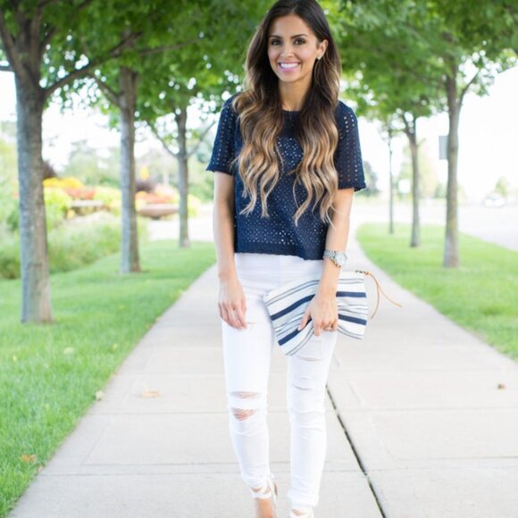 LOFT Geo Mix Eyelet Short Sleeve Navy Top - Picture 8 of 15